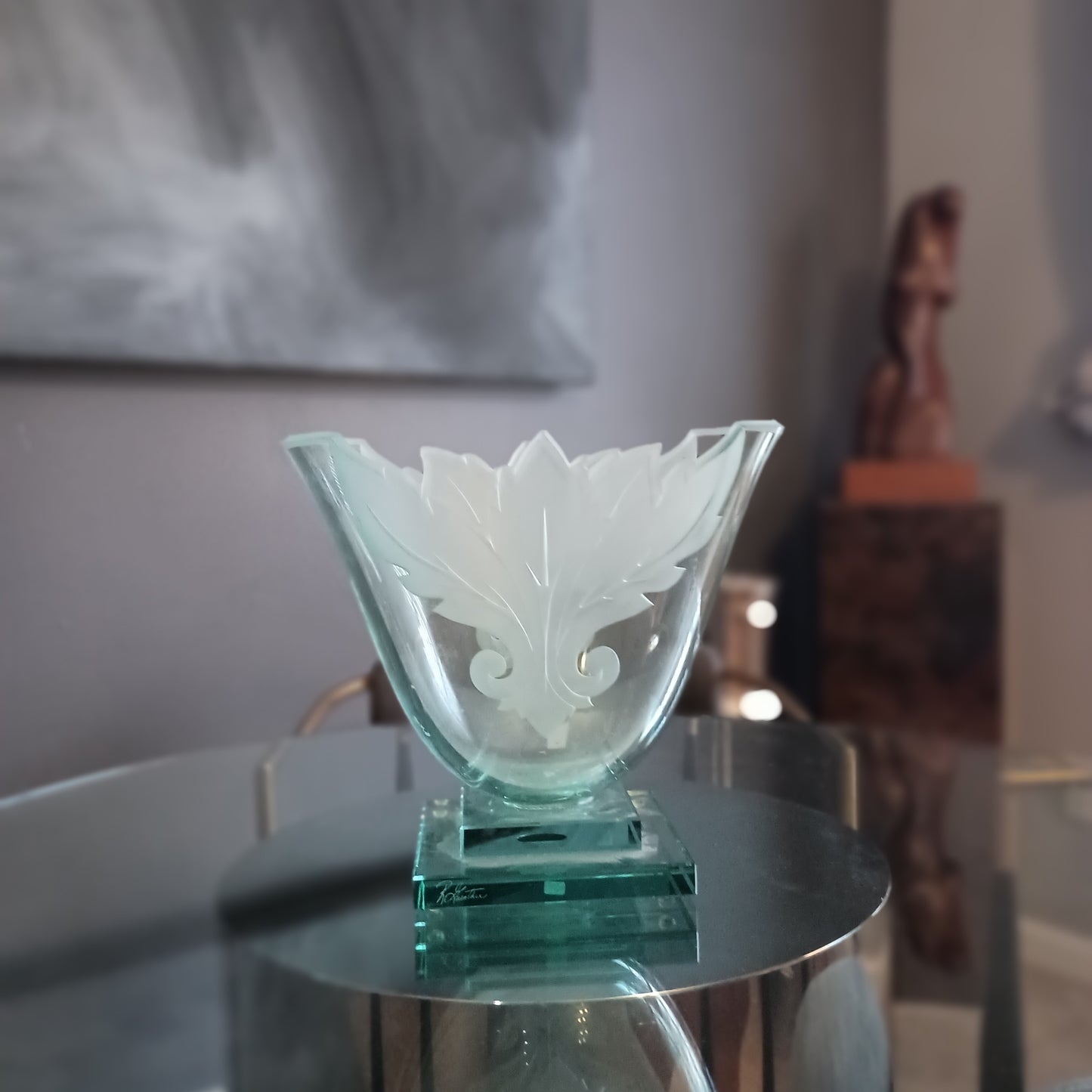 Frosted and Etched Cut Glass Leaf Vase/Bowl on Geometric Base by Robert Guenther