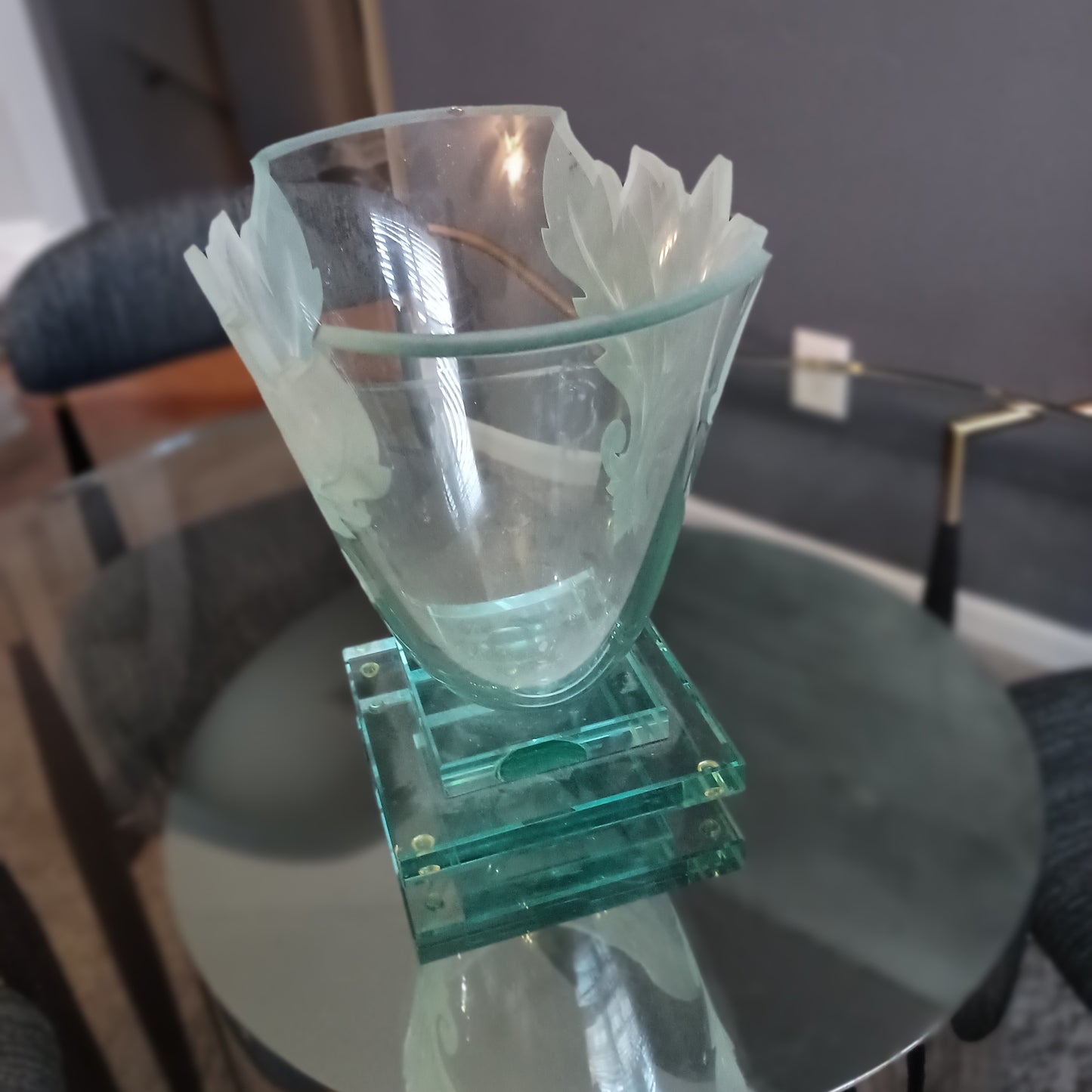 Frosted and Etched Cut Glass Leaf Vase/Bowl on Geometric Base by Robert Guenther