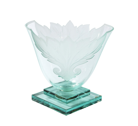 Frosted and Etched Cut Glass Leaf Vase/Bowl on Geometric Base by Robert Guenther