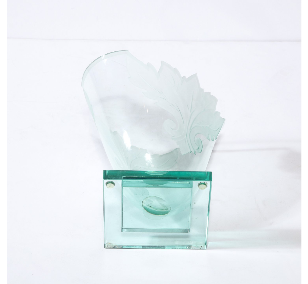 Frosted and Etched Cut Glass Leaf Vase/Bowl on Geometric Base by Robert Guenther